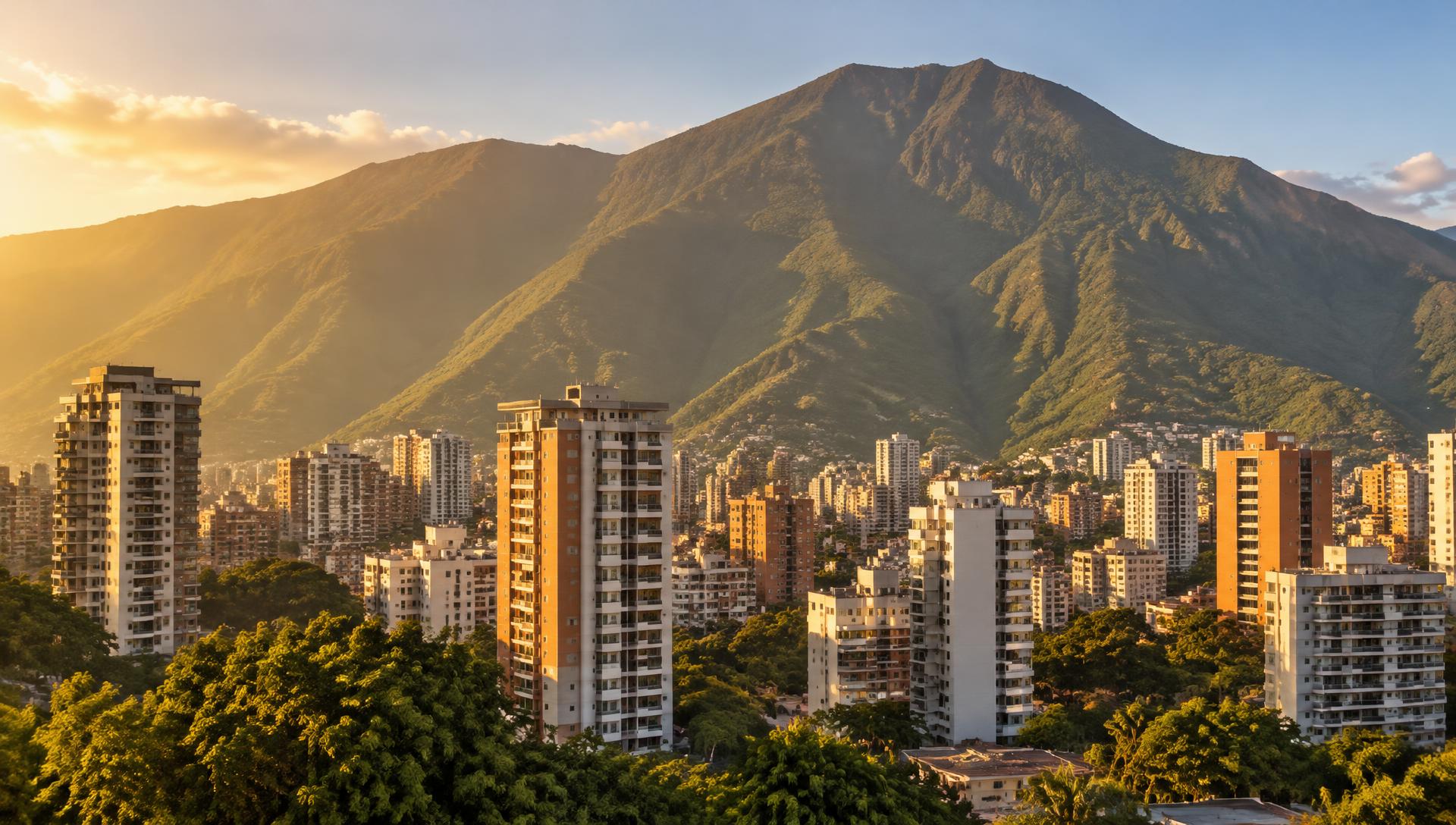 Caracas al atardecer con el Ávila detrás de edificios residenciales